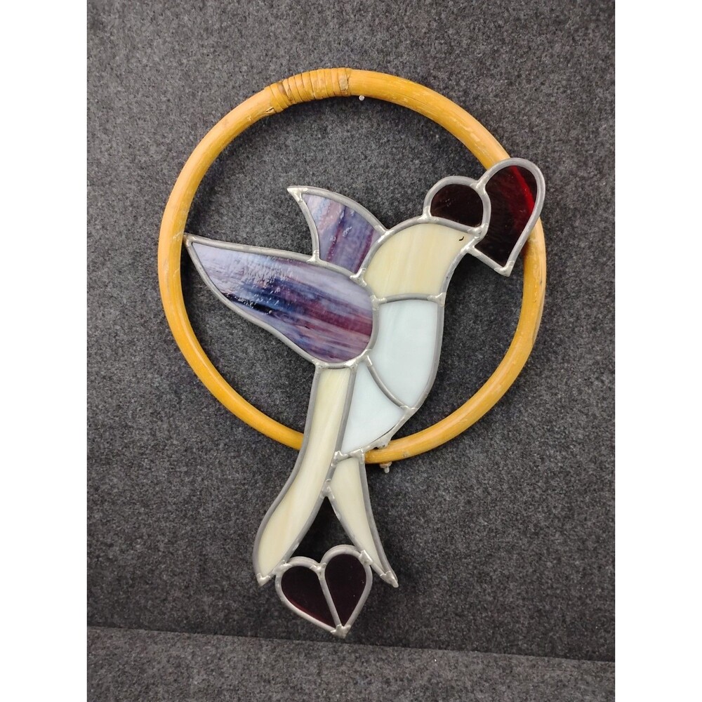 Handmade Stained Glass Bird Suncatcher Hanging on Wood Ring Vintage